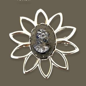 Vintage Mid Century Floral Cameo Brooch Silver Tone Brooch Pin